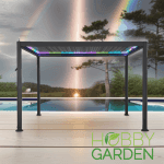 Pergola Bioclimatica Premium - ARTEMIS, Aluminiu, Gri antracit, actionare electrica cu telecomanda, iluminare cu LED (RGBW),  400x300x250cm, 12m²