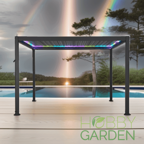 Pergola Bioclimatica Premium - ARTEMIS, Aluminiu, Gri antracit, actionare electrica cu telecomanda, iluminare cu LED (RGBW),  400x300x250cm, 12m²